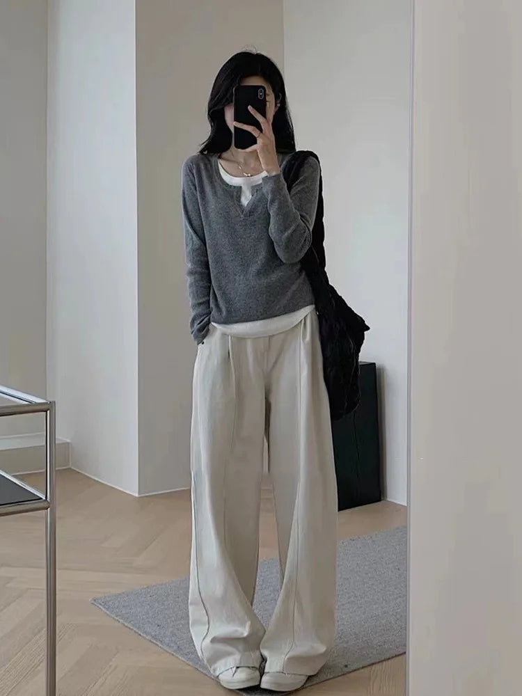 Y2k Black Fake Two Pieces Long Sleeves Shirt Women Autumn Irregular Patchwork Tops Slim-fit Bottom Knit Shirts Aesthetic Clothes