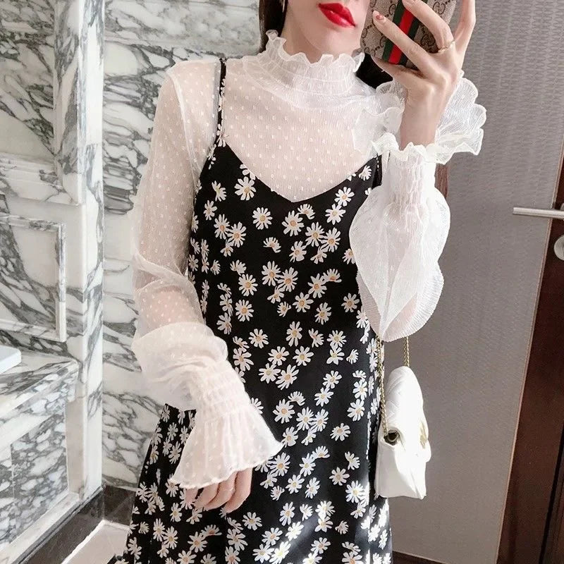 Women Sexy Mesh See Through T Shirt  Long Bell Sleeve Hollow Out Blouse Summer Transparent Sheer High Neck Bottoming Basic Tee