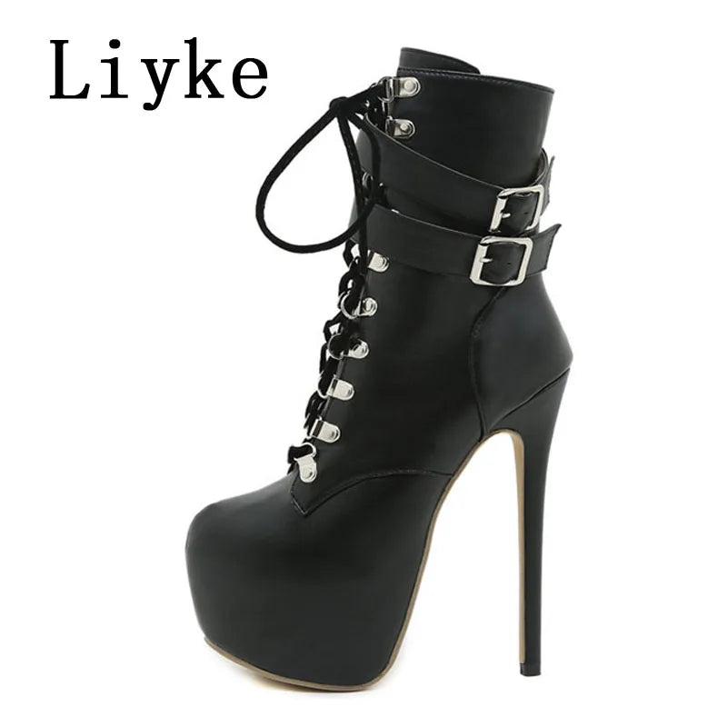 Liyke Autumn Winter Platform Boots For Women Sexy Round Toe Buckle Strap Pole Dance High Heels Pumps Fashion Lace-Up Runway Shoe