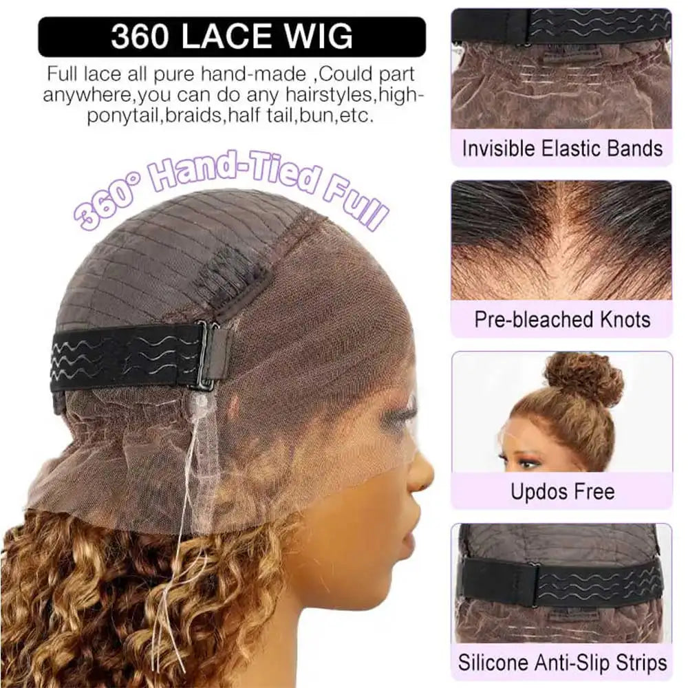 Invisible Strap 360 Full Lace Glueless Wig Chocolate Brown Deep Wave Frontal Wig Hidden Water Wave Lace Front Wig Human Hair