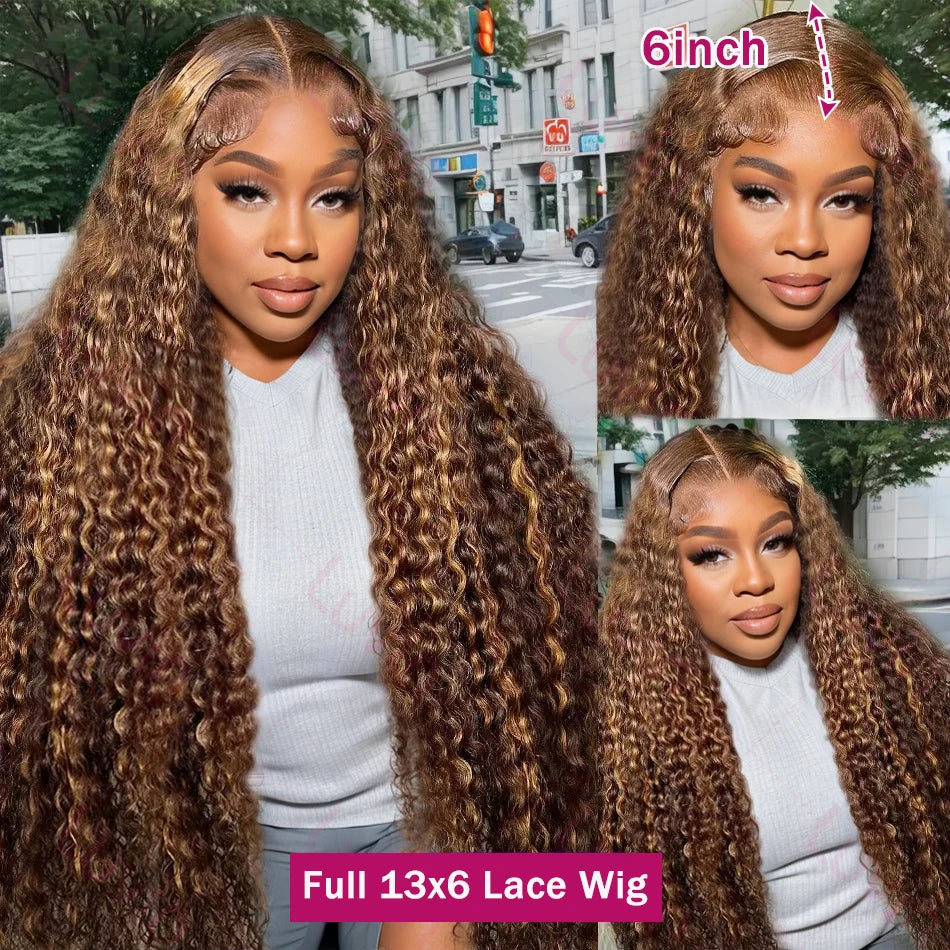 Curly Colored Highlight Wigs Human Hair Deep Wave 13x6 Hd Lace Frontal Wig 18 36Inch 4/27 Ombre Brown Blonde Lace Front Wigs