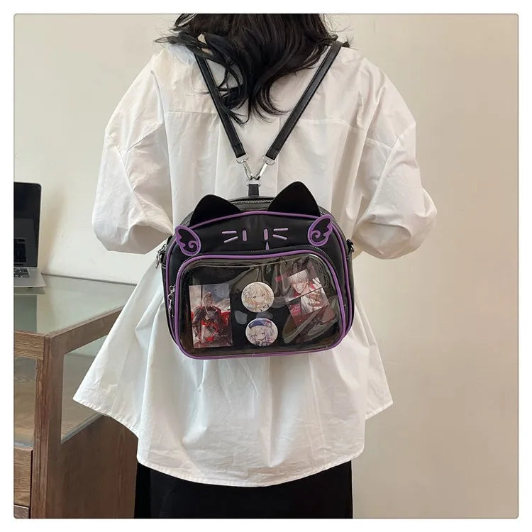 Women's Fashion Backpacks Y2K Korean Japan Kawaii Cat Ita Bag PU Cute Girls Transparent Pocket Aesthetic Shoulder Crossbody Bags