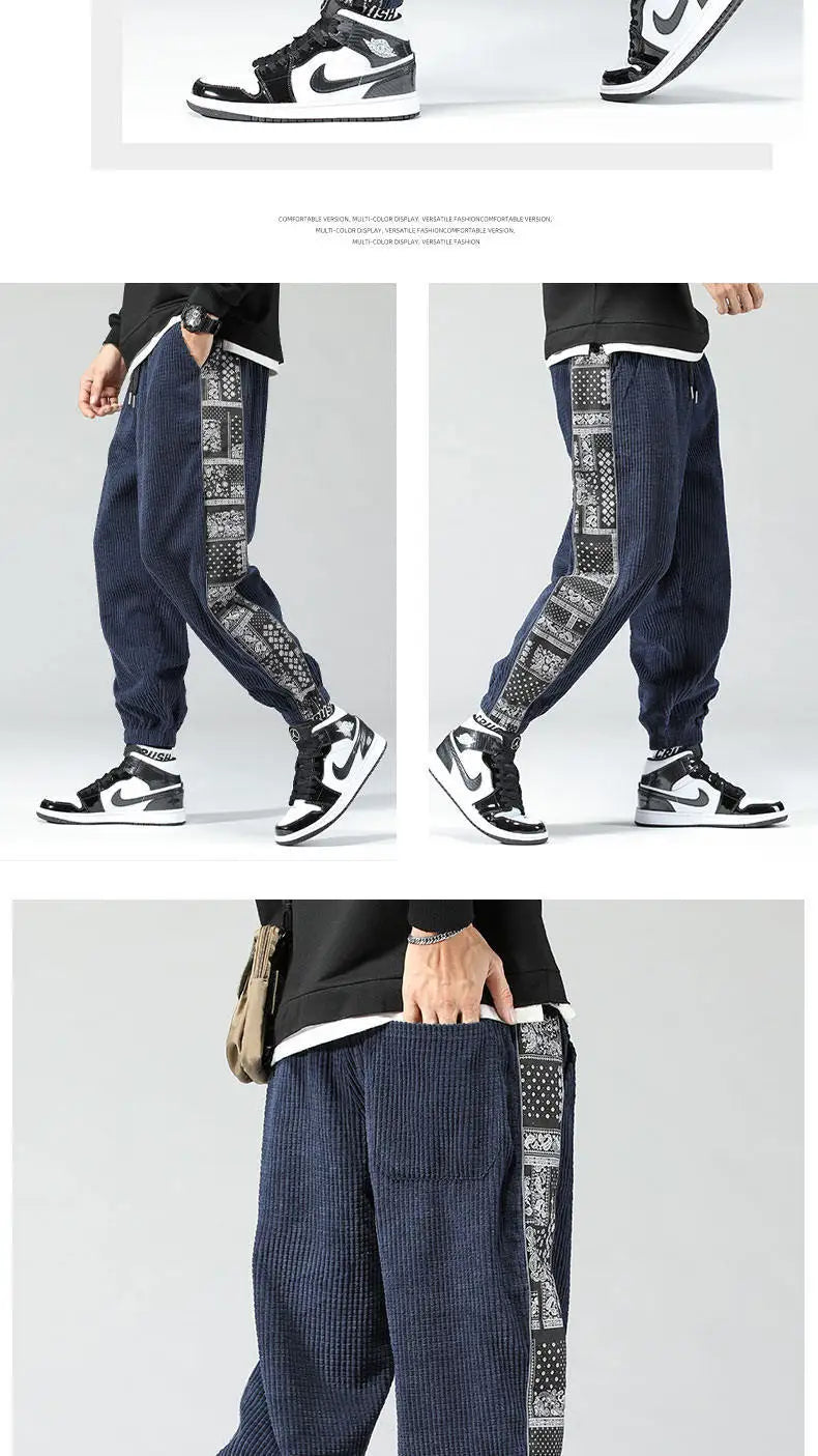 Oversize Cashew Flower Printed Patchwork Casual Pants Y2K High Street Corduroy Sweatpants Men Clothing штаны Pantalones 바지