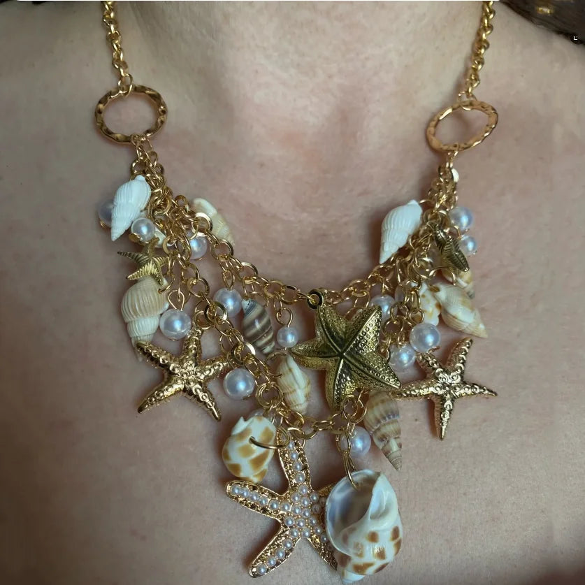 Aihua Bohemia Gold Color Imitation Pearl Conch Shell Starfish Necklace for Women Choker Necklace Collars Summer Beach Jewelry