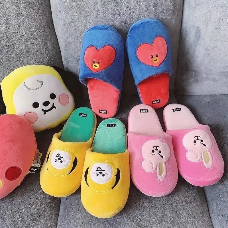 Anime BT21 Kawaii Plush Cotton Slippers Chimmy Cooky Women Fashion Spring Autumn Indoor Non-Slip Slippers