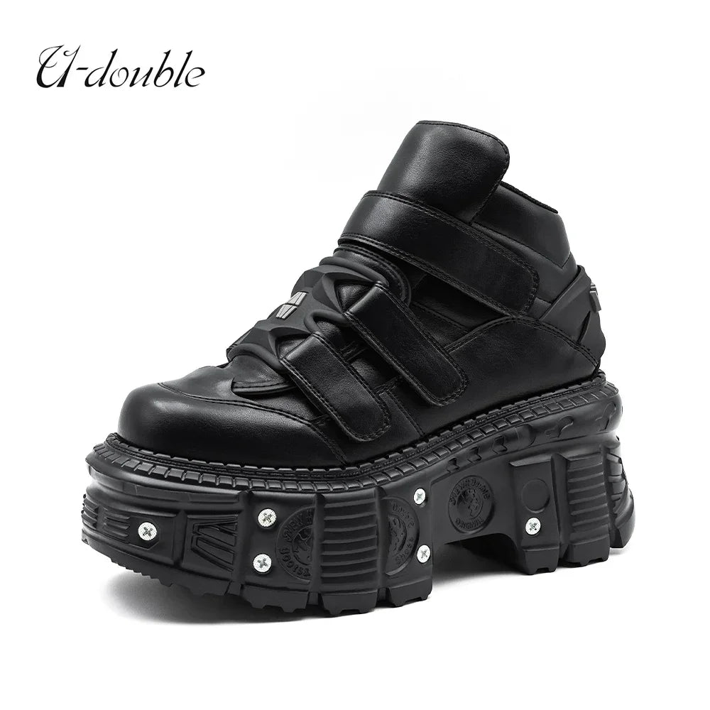 2025 New Punk Style Women Shoes Gothic Ankle Rock Boots Lace-up Heel Height 9CM Platform Shoes Woman Metal Decor Woman Sneakers