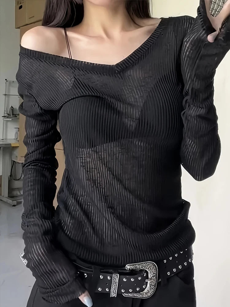 NUOMICI Sexy Gray Long-sleeve T-shirt Women V-neck Slightly Transparent Slim Fit Black Women's Top Korean Popular Clothes Chic