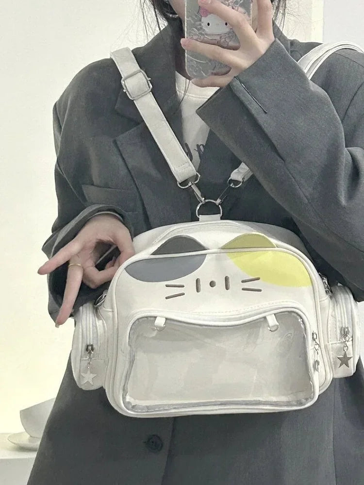 Women's Fashion Backpacks Y2K Korean Japan Kawaii Cat Ita Bag PU Cute Girls Transparent Pocket Aesthetic Shoulder Crossbody Bags