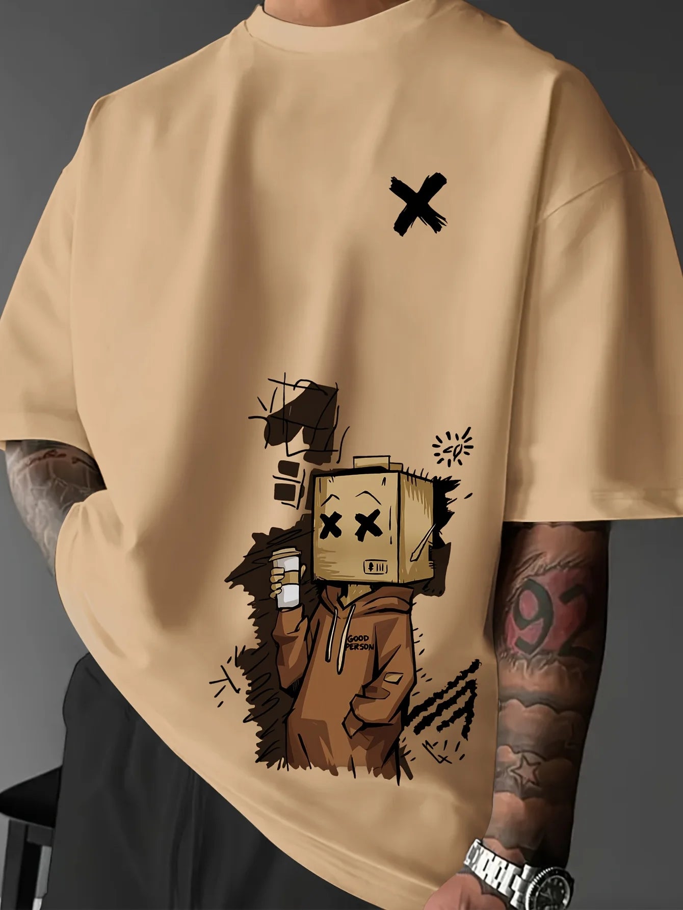 Men's 100% pure cotton fashionable casual sports loose trendy doll graffiti printed round neck short sleeved T-shirt top