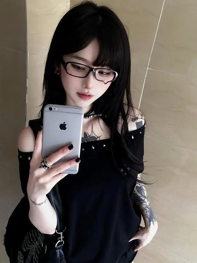 Seeslim Black Off Shoulder Cross Women's T-shirt Short Sleeve 2000s Clothes Y2k Summer Tops Tees Female Clothing Chic Vintage