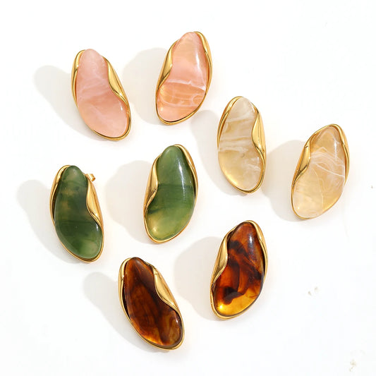 2025 New Design Brown Resin Geometric Shape Earrings Stainless Steel 18k Gold-plated Ear Studs for Women