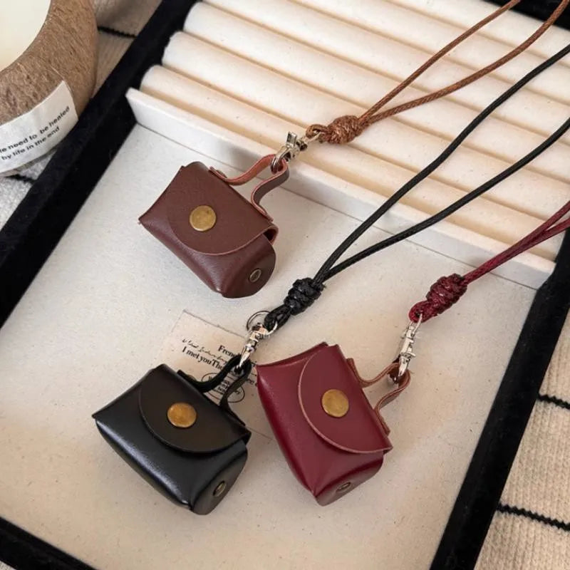Retro Cute Small Leather Bag Long Necklace for Women Fashion Sweater Chain Neck Hanging Jewelry Versatile Accessory Gift