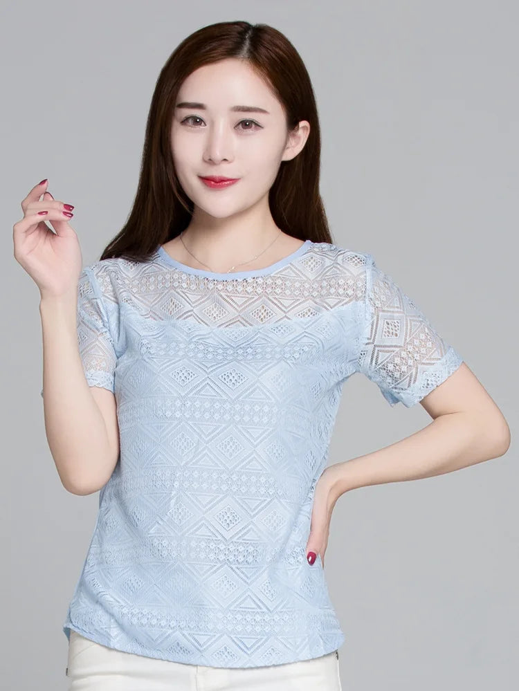 1pcs Summer Women Lace T-Shirt Lady Short-Sleeve Round-Neck tShirt Female Sexy Slim Fit  Tee Girl Chiffon Shirt Fashion Pullover