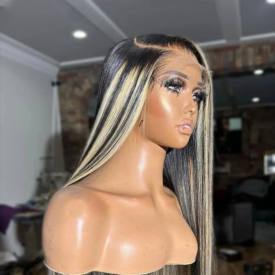 1B/27 Black and Blonde Highlights Bone Straight 13x4 HD Lace Front Human Hair Wigs 200% Brazilian Colored Lace Frontal Wig