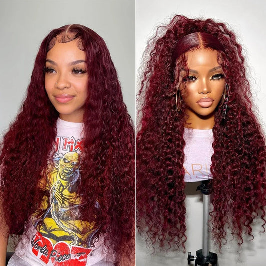 Red Wine 8 34 Inches Deep Wave 200 Density 13x4 99J Burgundy Lace Front Wig Brazilian HD Glueless Lace Frontal Human Hair Wig
