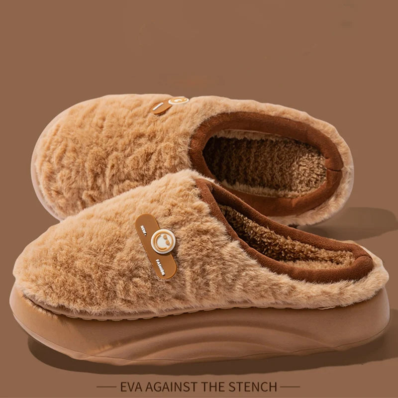 Thick Bottom Cotton Slippers for Women 2025 Winter Indoor Non Slip Home Cotton Slippers Woman Faux Fur Warm Plush Slides Ladies