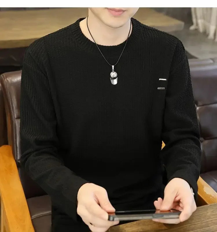 White Long Sleeve Men's T-shirt Pure Color Texture New Inner Wear Base Shirt Autumn Clothes Upper Clothes Fashion Brand