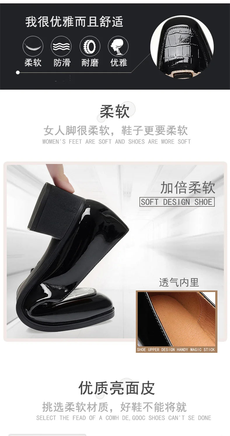 Spring Autumn Ladies Pumps Shallow Shoes Patent Leather Soft Sole Crystal High Heels  Loafers Fashion Breathable Single Shoe