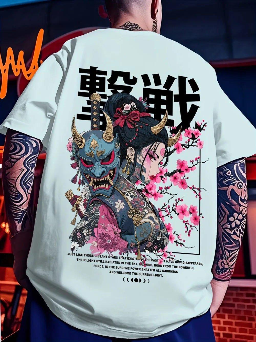 European and American men's summer ghost warrior cherry blossom print soft and breathable round neck T-shirt outdoor street top