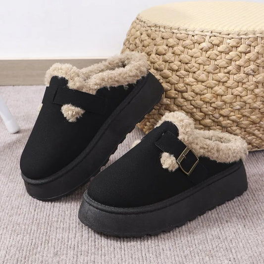 2025 New Plush Buckle Warm Cotton Slippers Winter Thick Sole Thick Snow Boot High Quality Plush Cotton Slippers Zapatos De Mujer