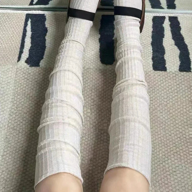 Spring Knee Length Stockings for ladies White Pile Socks Fashion GIrls JK Slimming Boots Sock Japanese Calf Sock Cotton Footwear
