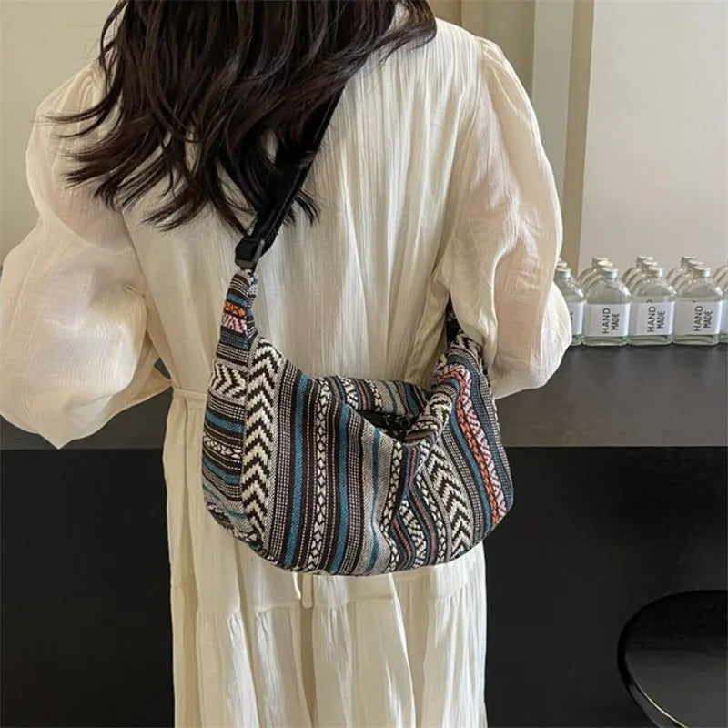 Tribal Style Shoulder Bag, Foldable Crossbody with Zipper Closure, Striped Pattern, Flag Theme Hand Washable Edge Painted Lining