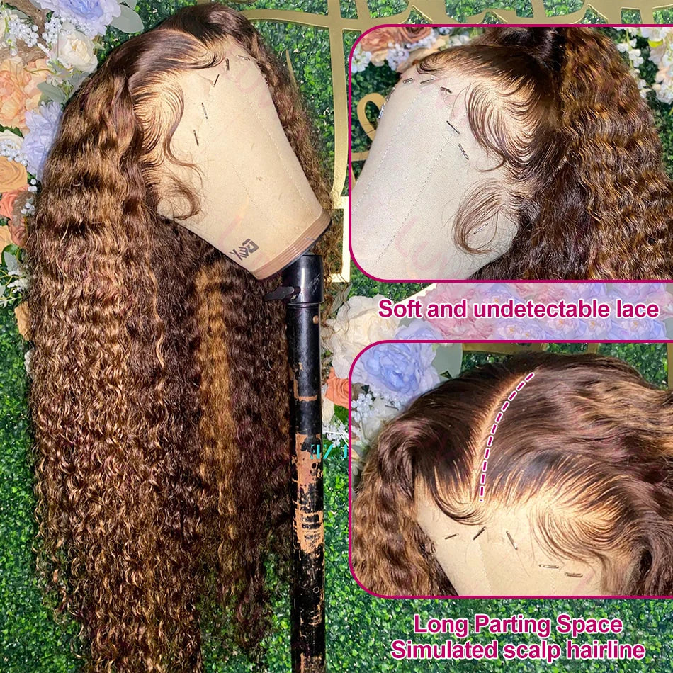 Curly Colored Highlight Wigs Human Hair Deep Wave 13x6 Hd Lace Frontal Wig 18 36Inch 4/27 Ombre Brown Blonde Lace Front Wigs