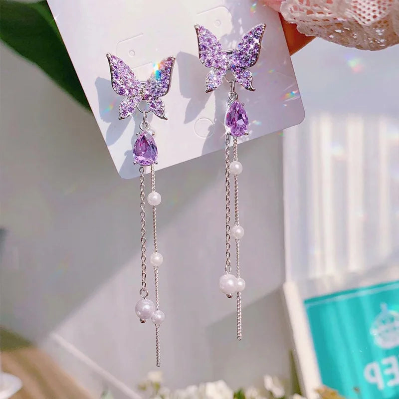 New Luxury Women Zircon Crystal Pearls Long Tassel Butterfly Earrings Stud Dangle Jewelry Gifts