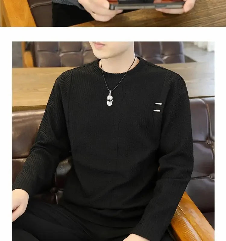 White Long Sleeve Men's T-shirt Pure Color Texture New Inner Wear Base Shirt Autumn Clothes Upper Clothes Fashion Brand