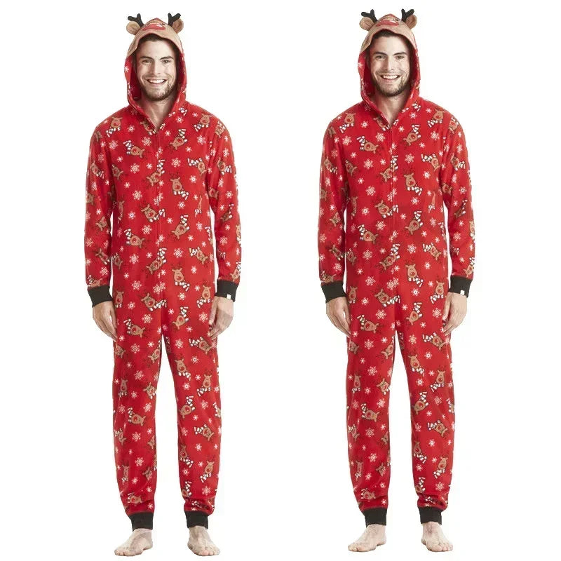 Christmas Family Matching Onesie Elk Print Cute Soft Jumpsuit Mom Dad Kids Clothing Sets Hooded Zipper Overall Xmas Look Pyjamas