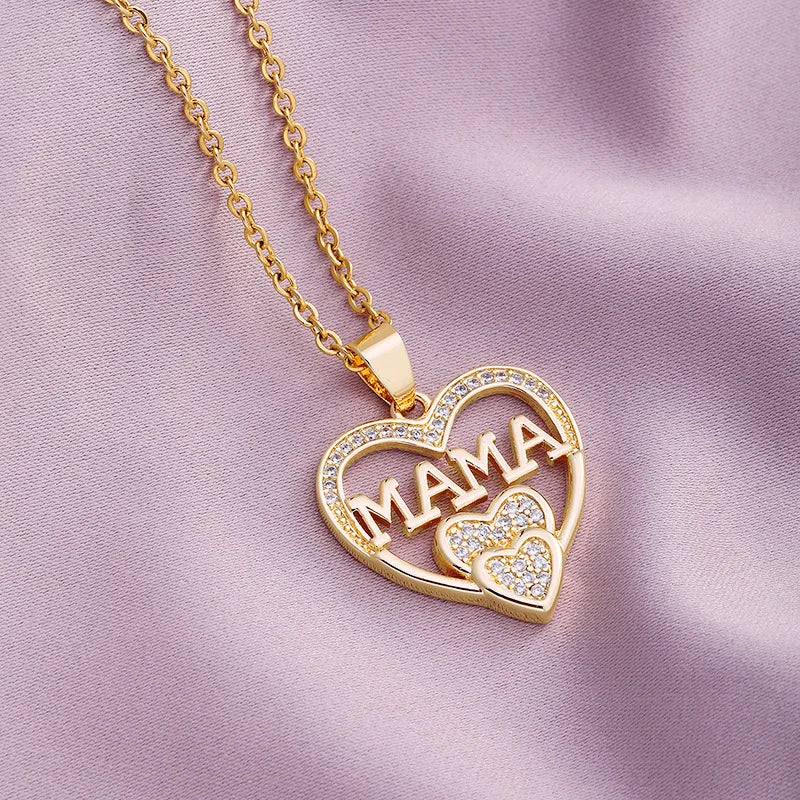 WLP 2025 Elegant Mother's Day Gift Heart Pendant MAMA Necklace for Women MOM Luxury Rhinestone Aesthetic Neck Necklace Jewelry