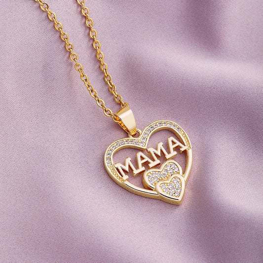 WLP 2025 Elegant Mother's Day Gift Heart Pendant MAMA Necklace for Women MOM Luxury Rhinestone Aesthetic Neck Necklace Jewelry