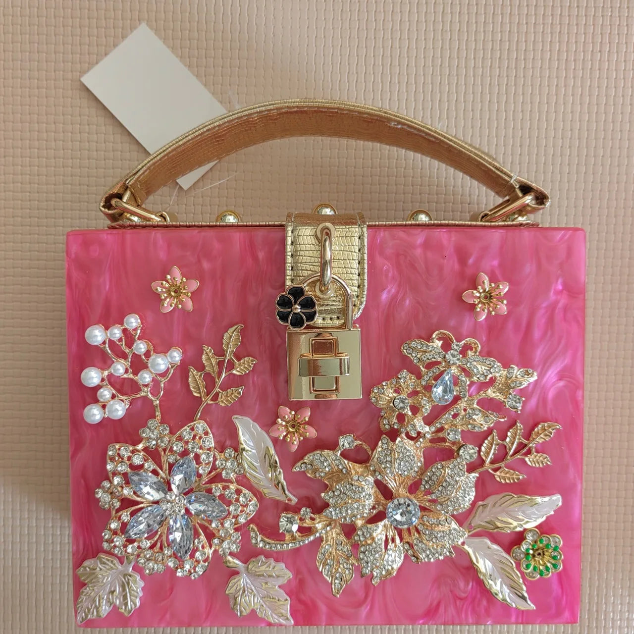 Girl Acrylic Gift Box Evening Bags Pearl Beaded Flower Clutch Purse Women Totes Pink Handbag Wedding Party White Diamond Purses