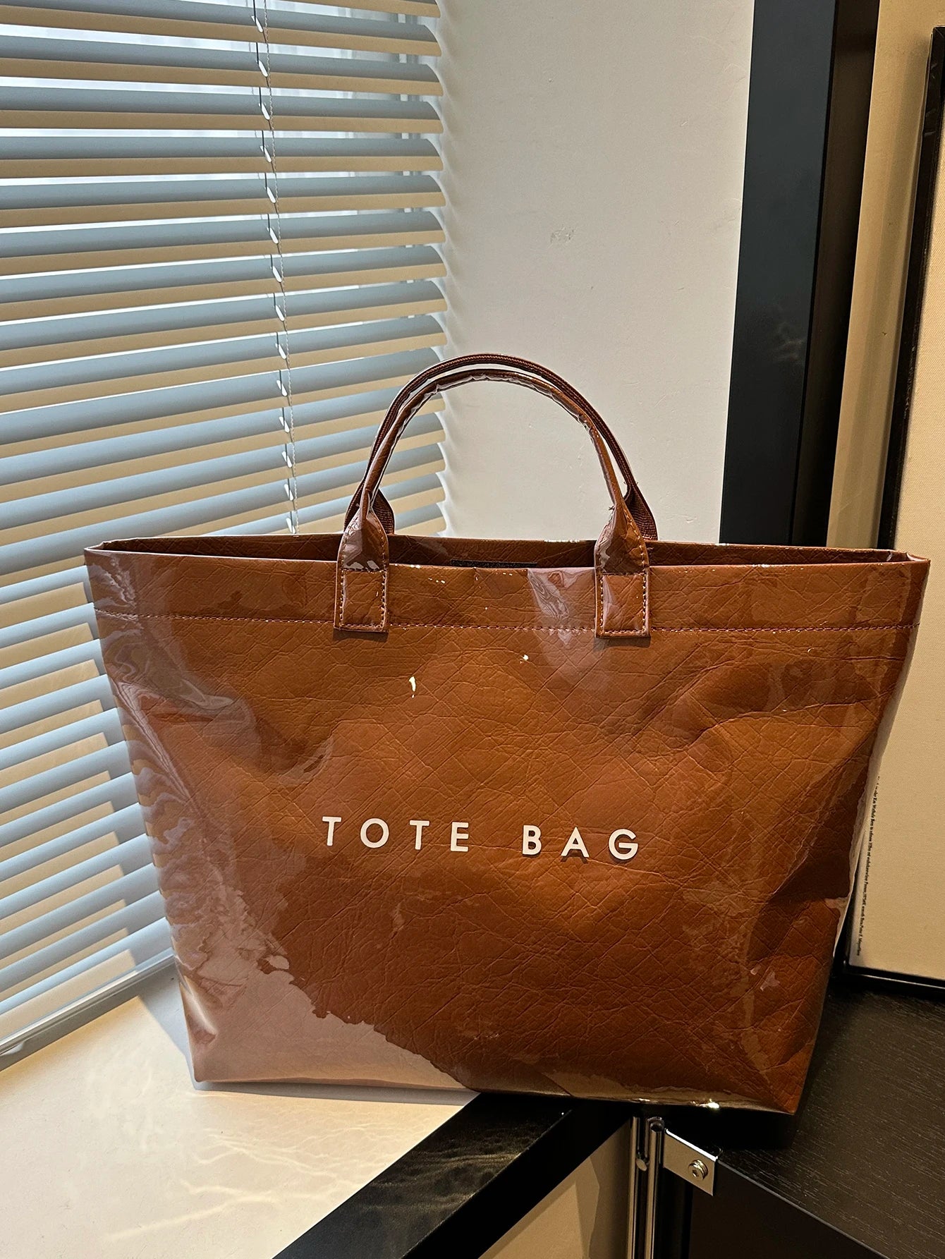 Chic Preppy-Style Large Capacity Tote Bag - Lightweight PVC & Kraft Paper With Magic Tape Closure For Women's Fashion