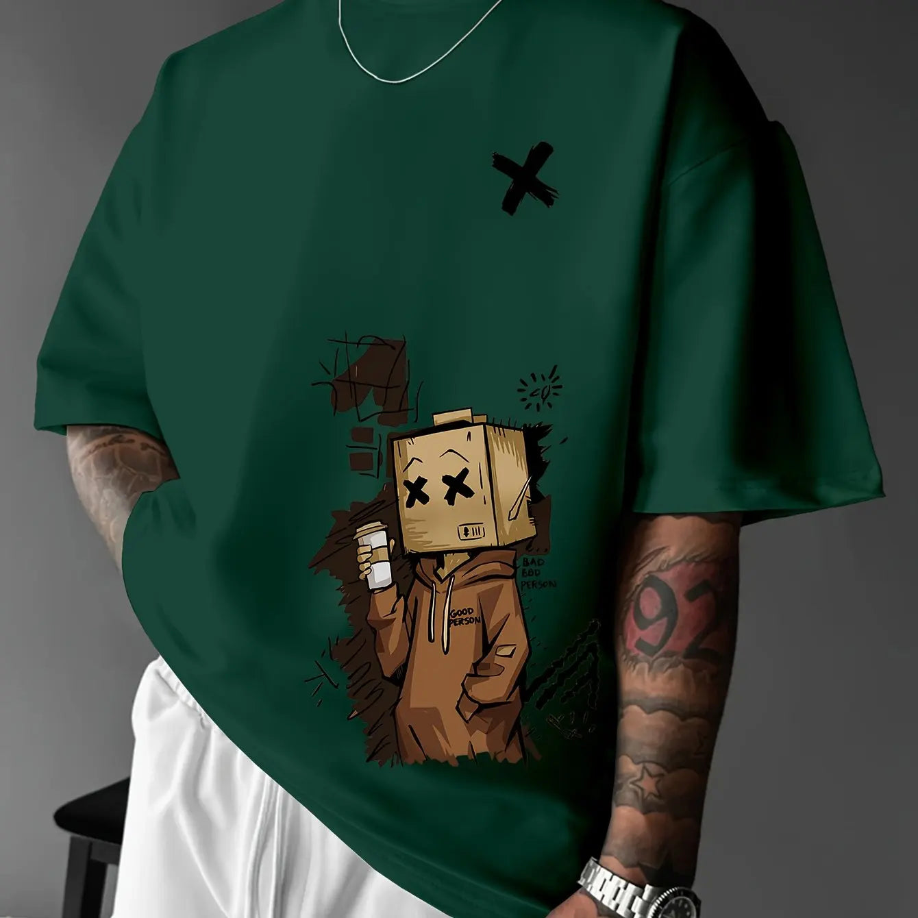 Men's 100% pure cotton fashionable casual sports loose trendy doll graffiti printed round neck short sleeved T-shirt top