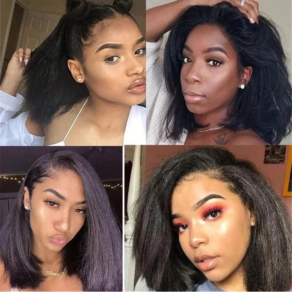 Ready To Wear Glueless Wigs Kinky Straight 13x4 Lace Front Human Hair Wig Short Bob Wigs HD Transparent Yaki Straight Wig 180%