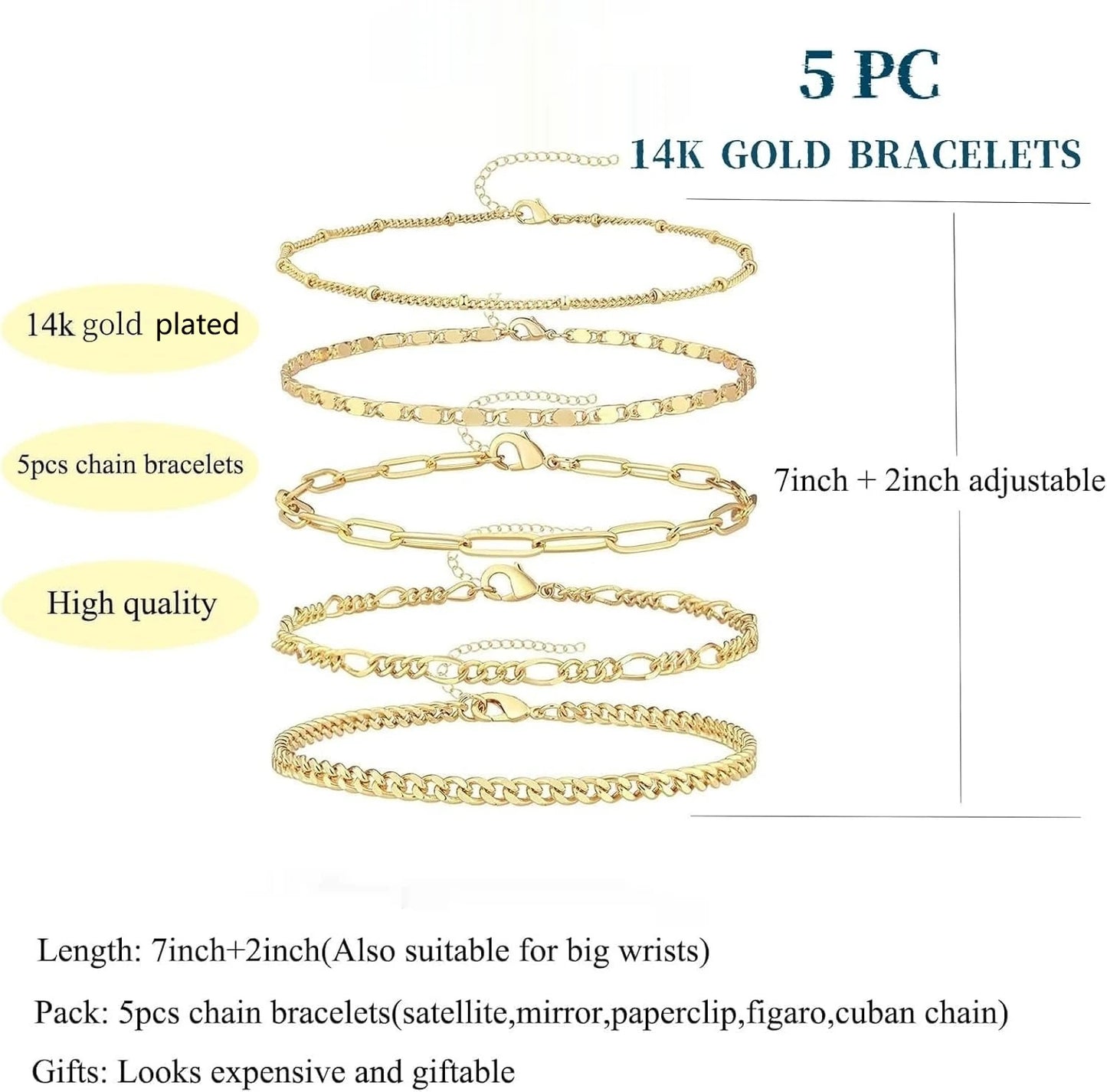 Gold Bracelets Set for Women,14K Gold Plated Dainty Gold Link Chain Bracelets Trendy Stackable Gold Cuff Bracelets Jewelry Gifts