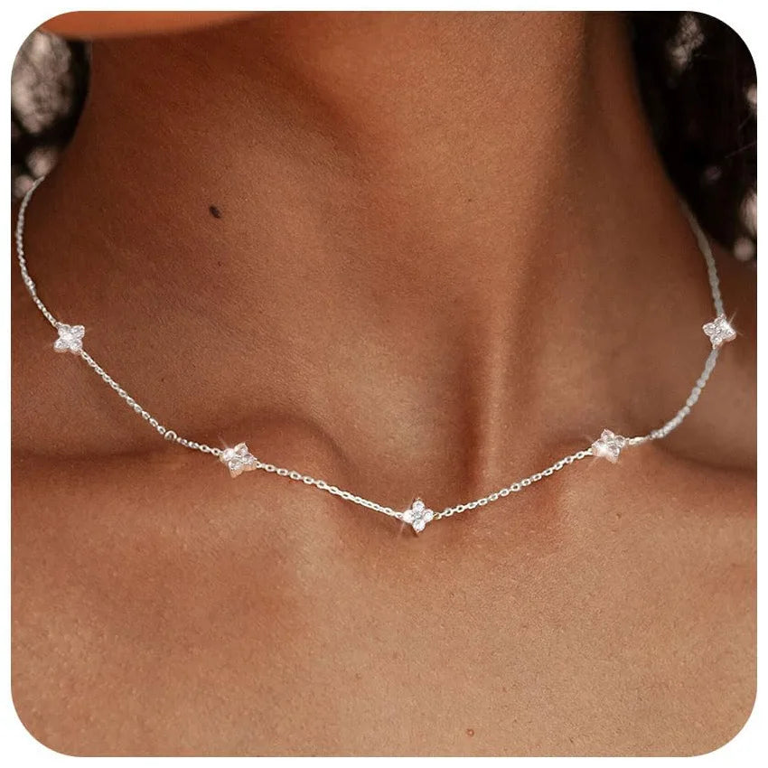 925 Silver Plated Four-leaf Flower Zircon Chain Necklace for Women Luxury Collar Charm Necklaces 2025 Trend Jewelry