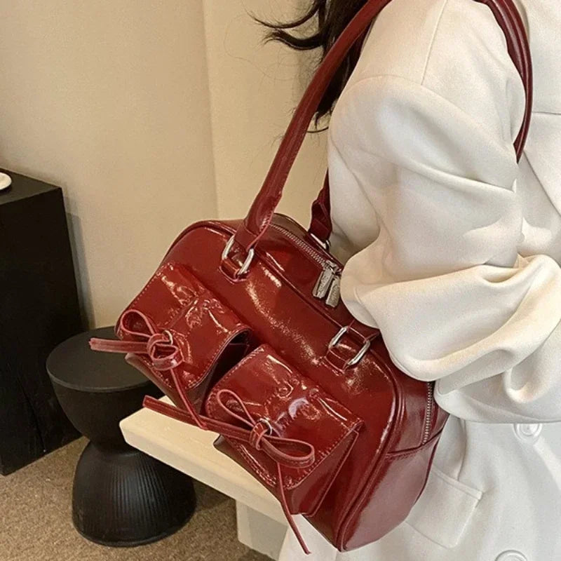 Vintage Women Business Shoulder Bags Simple Ladies Commute Tote Bag Pu Leather Female Underarm Bag Burgundy Large Handbags Purse
