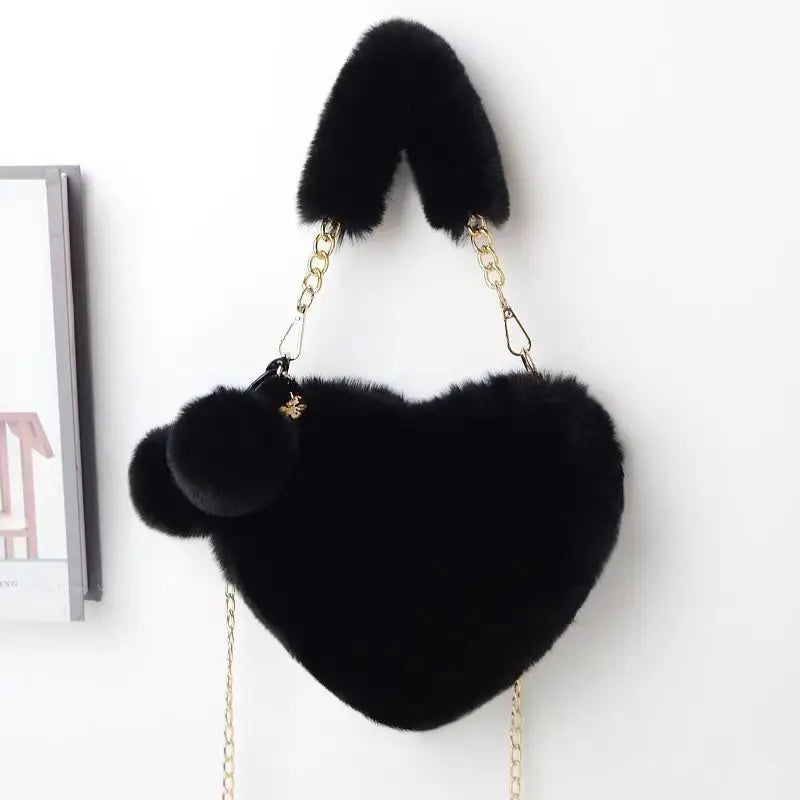 Luxury Faux Fur Heart-shaped Women Small Handbags Fluffy Plush Ladies Chain Shoulder Bag Fashion Female Furry Daily Clutch Purse