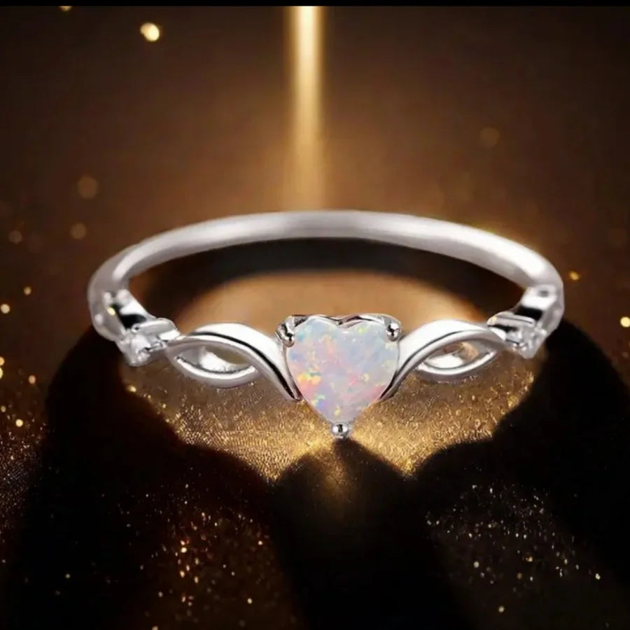 New S925 Sterling Silver Opal Heart Ring - Adjustable European & American Bestseller High-Quality Light Luxury Style Silver Jewe