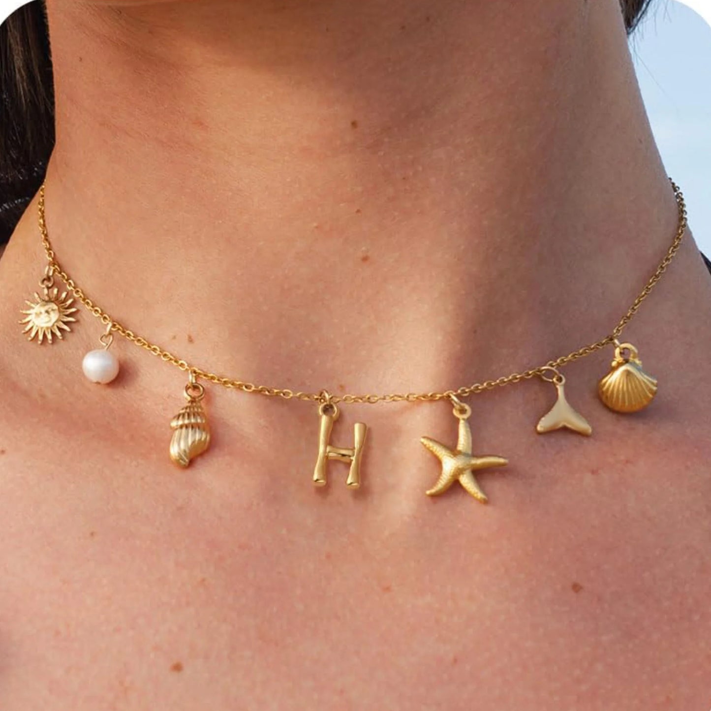 MHS.SUN Starfish Shell Initial Necklace Waterproof 18K Gold Plated Stainless Steel Charm Necklaces Surfer Girl Summer Beach Gift