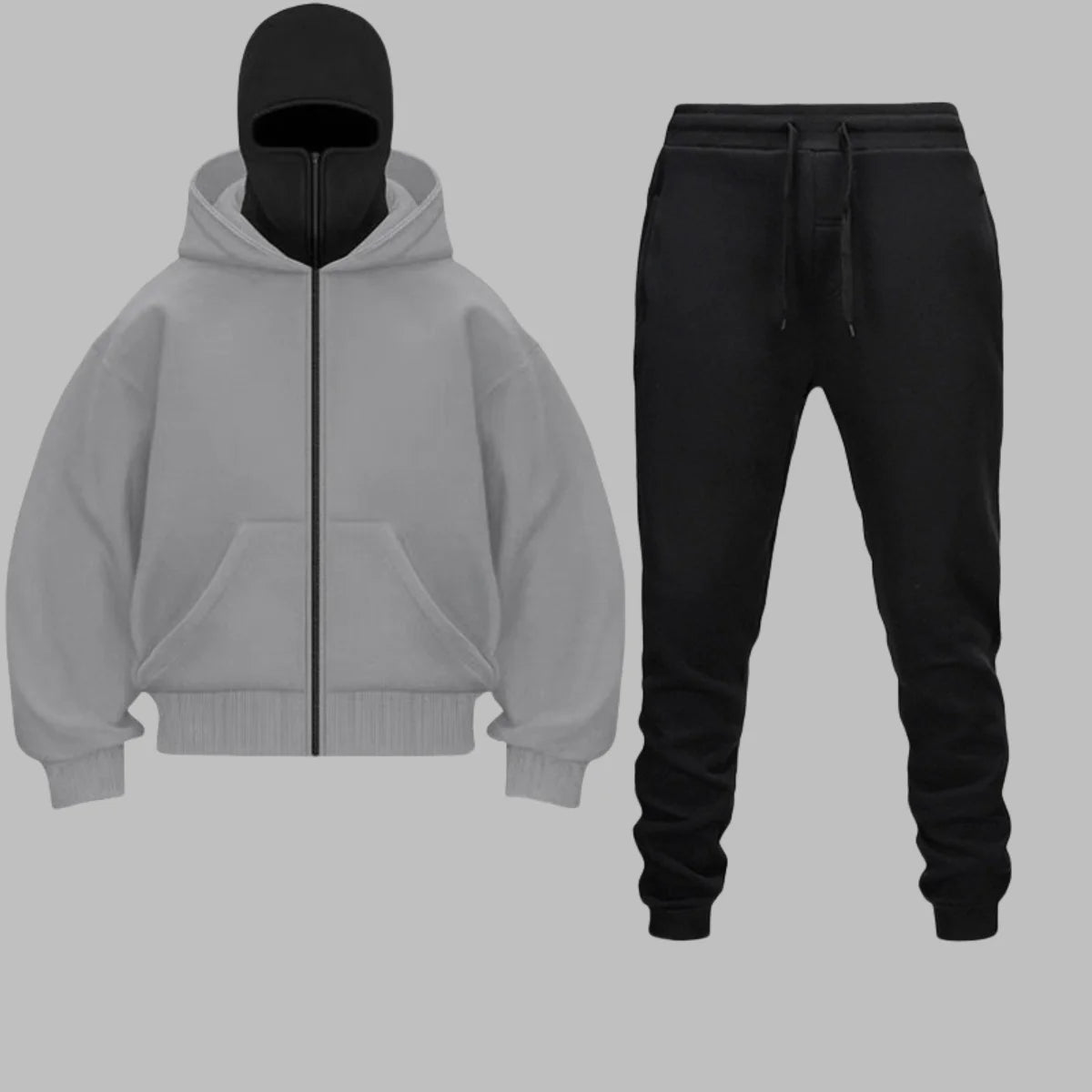 2025 Autumn Winter Men Zippered Hooded Sweatshirt Set - Balakrava Street Fashion Windproof Ninja Letter Design Two-Piece Set