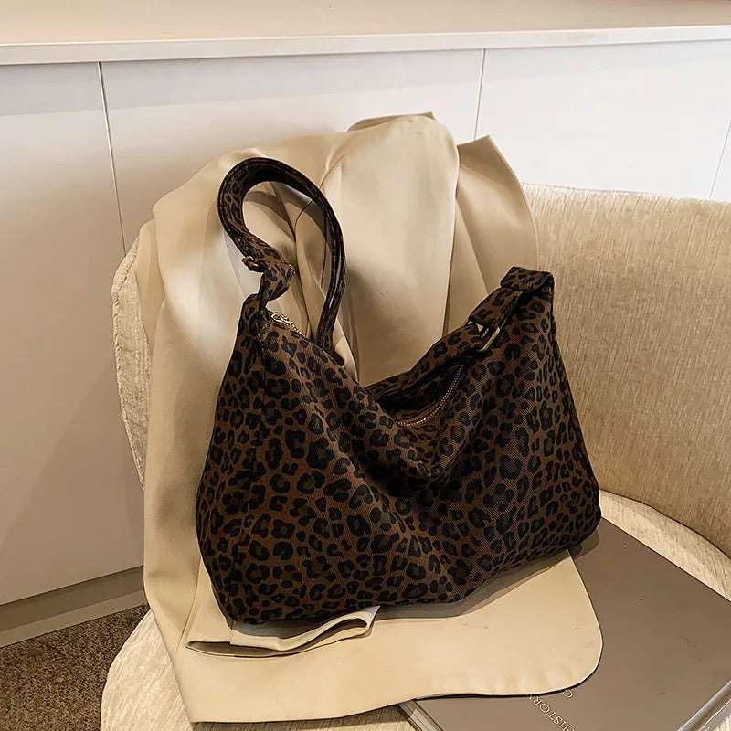 Trendy Casual Soft Textile Women's Shoulder Bag Large Capacity Leopard Print Female Retro Crossbody Bag For Commute Outings