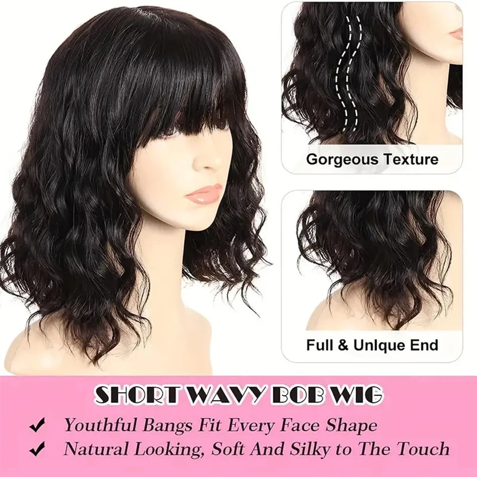 Body Wave Wigs With Bangs Malaysian Human Hair Wig With Bangs For Women Glueless Wear and Go Machine Made Wig Short Bob Wig Sale