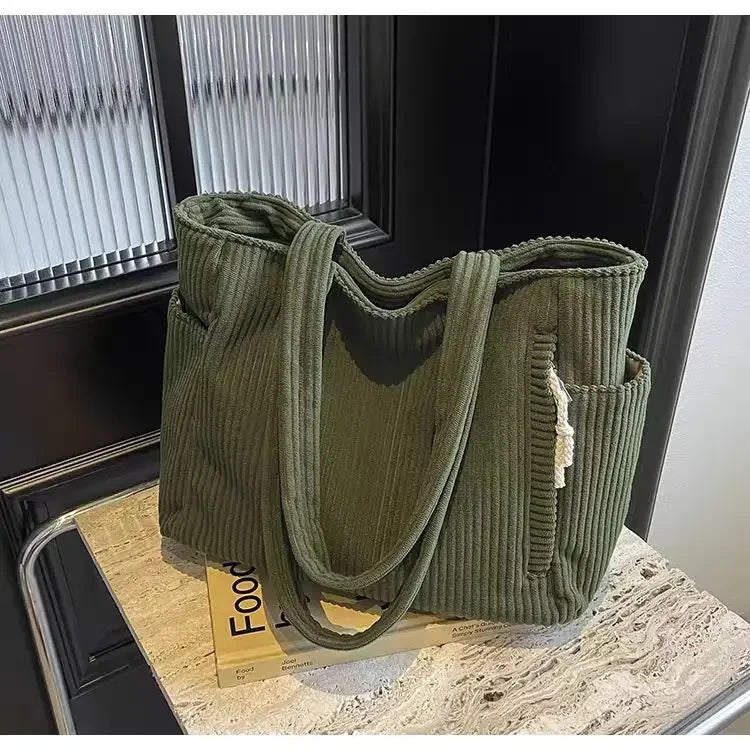 Corduroy Daily Handbag Fashionable Versatile Shoulder Bag for Women Multi-Compartment Zipper Closure Commute Women's Tote Bag