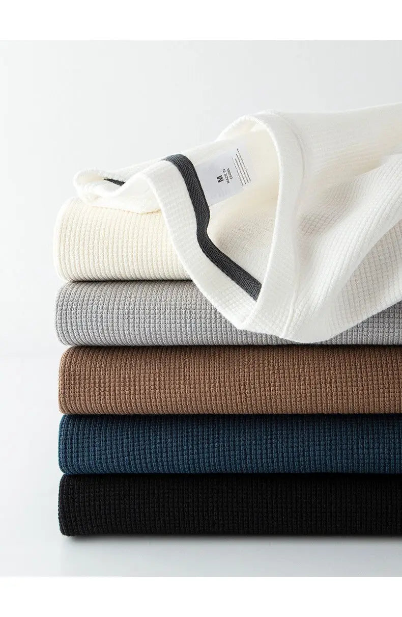 Waffle Short Sleeved T-shirt for Men and Women Summer Japanese Round Neck Half Sleeved Top Loose Casual Solid Color T-shirt