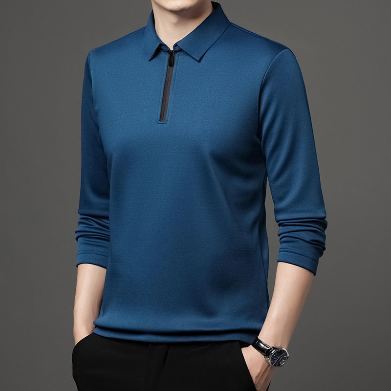 New T Shirt Zipper Polo Shirt Male Fashion Turn-Down Collar Long Sleeve Business Men Clothes