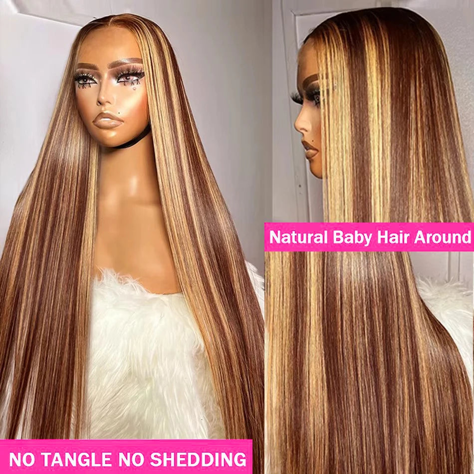 30 32 Inch 13x4 13x6 HD Highlight Ombre Straight Human Hair Wigs Honey Blonde Bone Straight Lace Front Human Hair Wig For Women