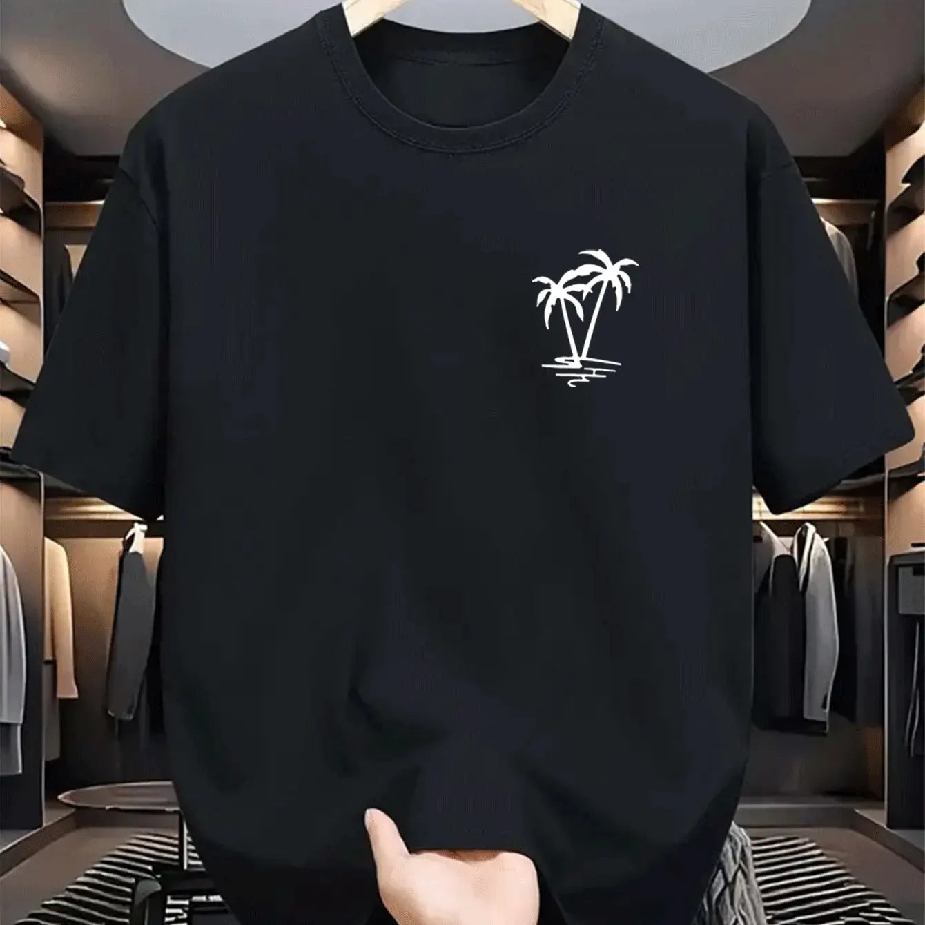 Men's summer 100% cotton fashionable casual loose coconut tree pattern printed sports round neck short sleeved T-shirt top